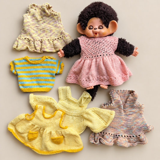 Vintage Monchhichi Doll with Sleepy Eyes & Knitted Wardrobe - 32cm