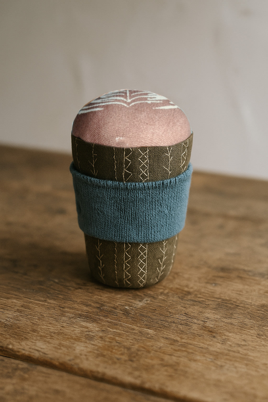 Handmade Upcycled Fabric Coffee Cup Toy – Embroidered & Handprinted