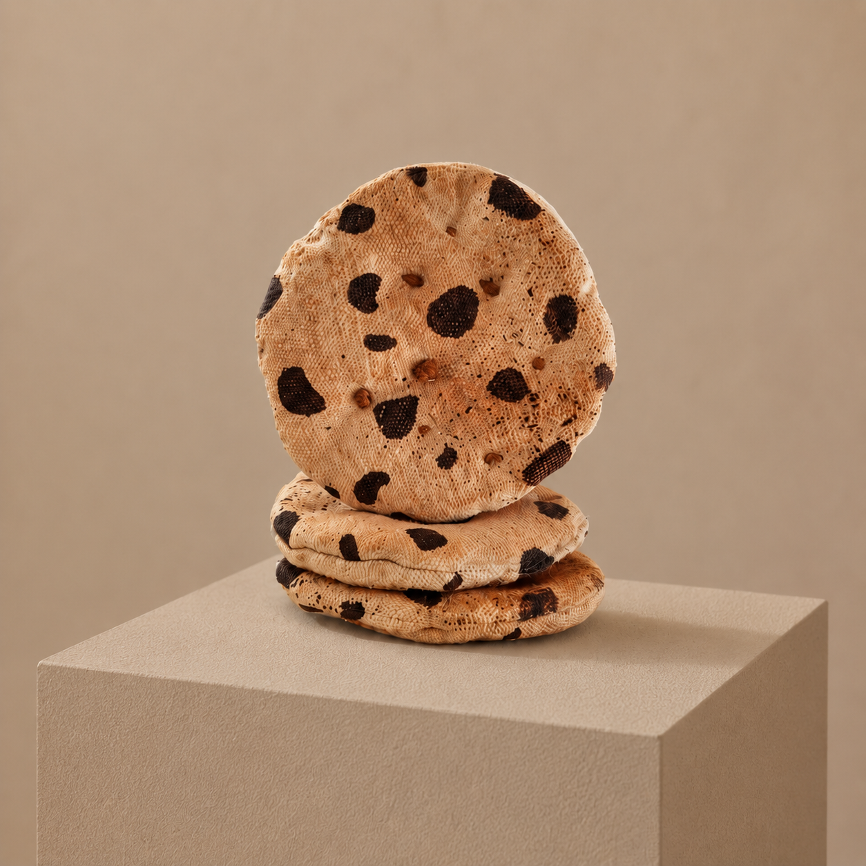 Handmade fabric chocolate chip cookies displayed as an art object on a neutral museum-style pedestal.