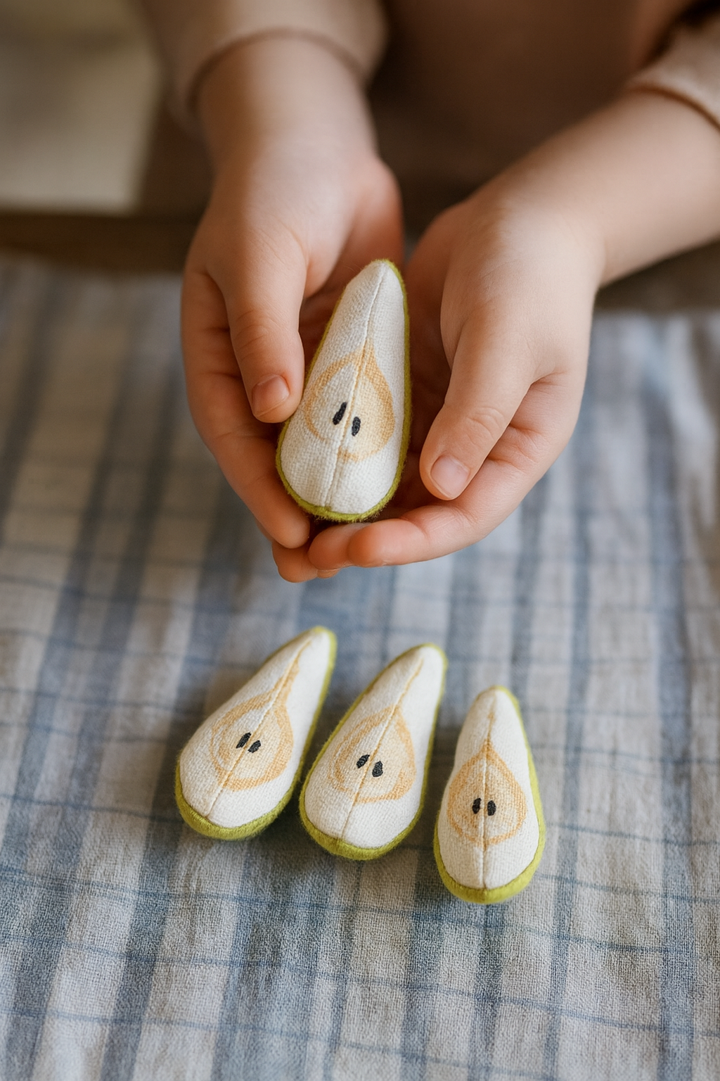 Handmade Fabric Pear Slice Toy – Silkscreen Printed, CE Tested - 1 slice (Made in Denmark)