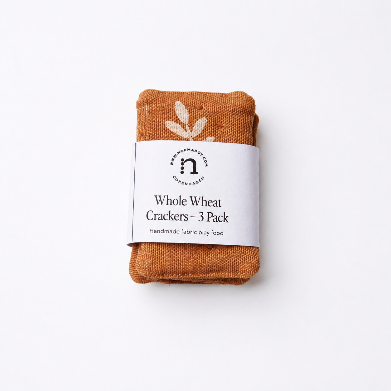 Handmade fabric whole wheat crackers 3-pack for pretend play kitchens, made as soft textile play food with plant-based printed details.