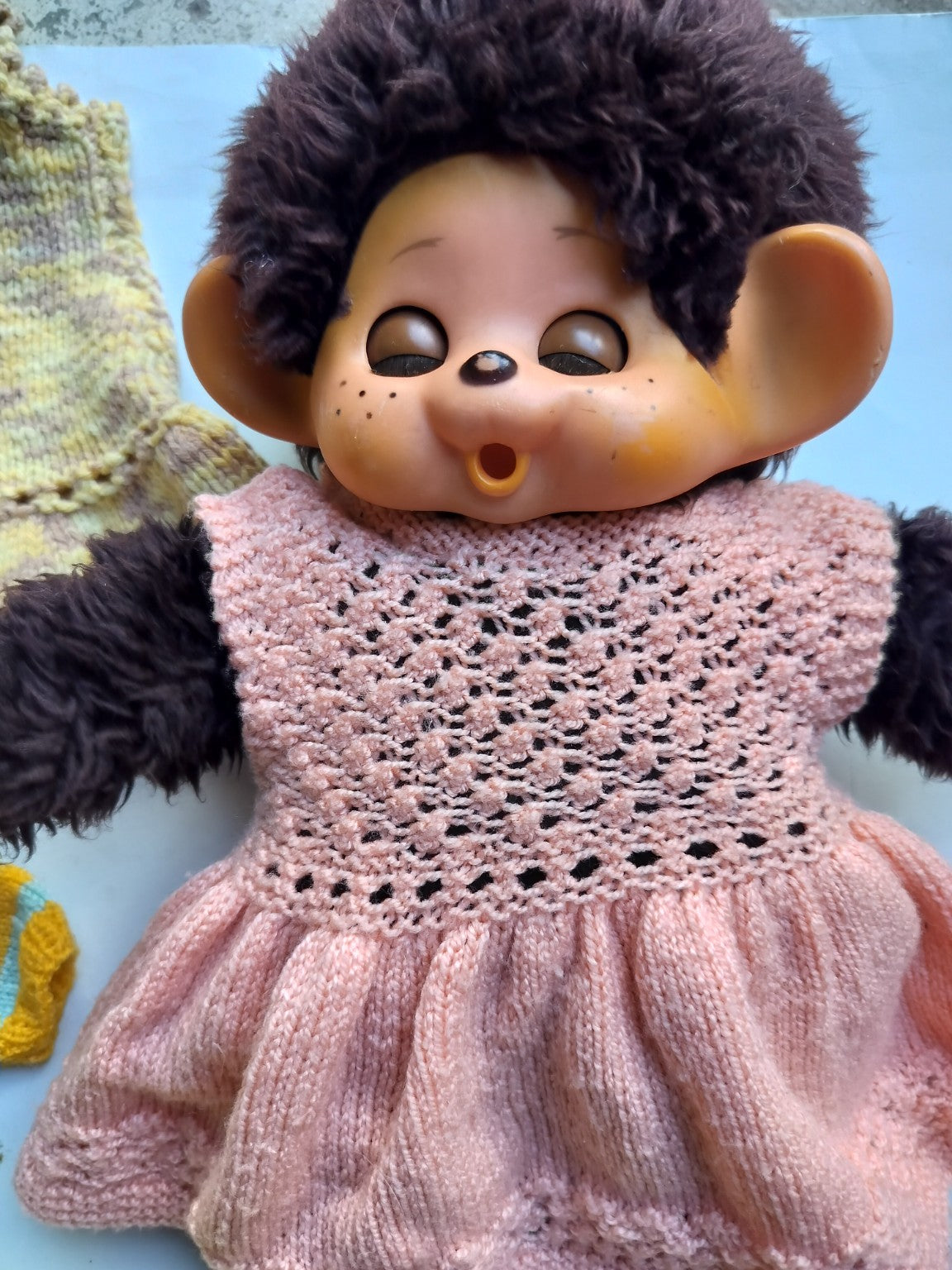 Vintage Monchhichi Doll with Sleepy Eyes & Knitted Wardrobe  - 32cm