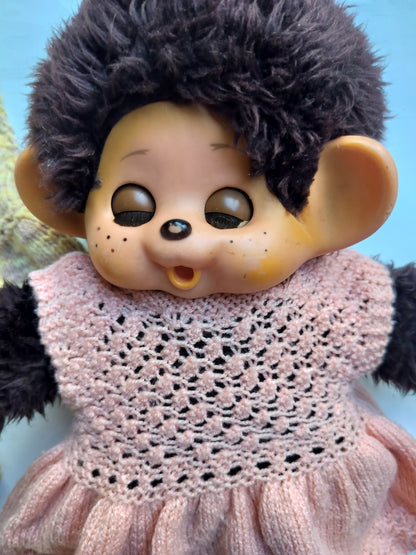 Vintage Monchhichi Doll with Sleepy Eyes & Knitted Wardrobe  - 32cm