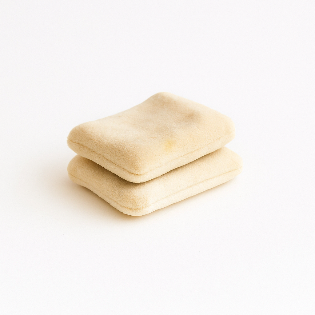 Two handmade velvet Gouda cheese toy pieces stacked on a white background – part of Normadot’s Norma’s Deli Collection.