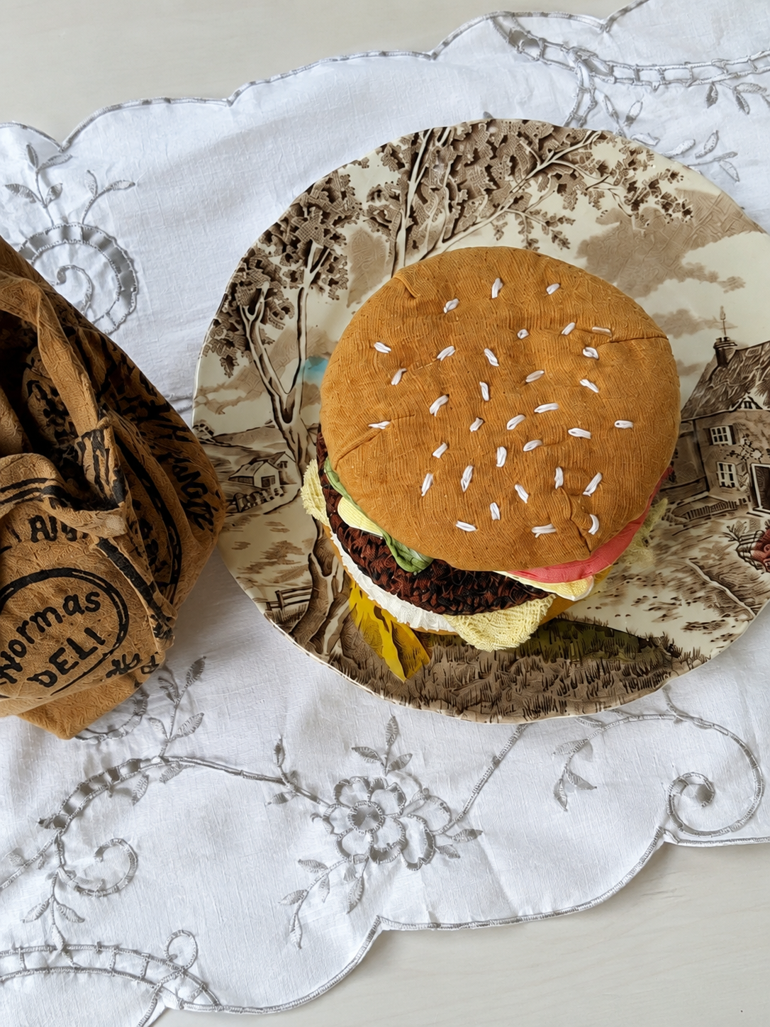 Handmade Upcycled Burger Play Food Set with Storage Bag
