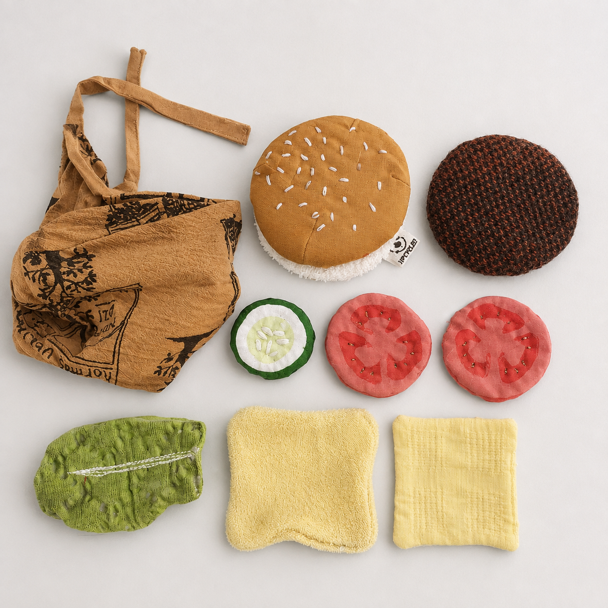 Handmade Upcycled Burger Play Food Set with Storage Bag