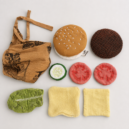 Handmade Upcycled Burger Play Food Set with Storage Bag