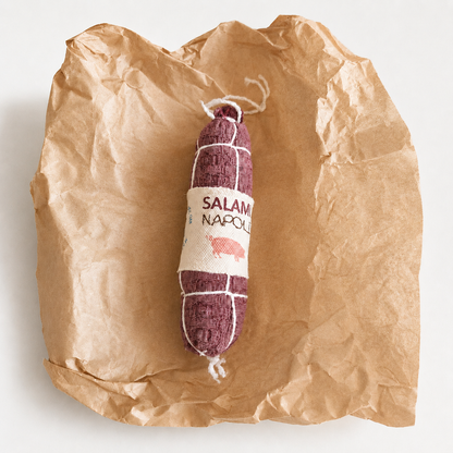 Handmade fabric Salami Napoli play food made from waffle woven cotton with printed textile label, white thread details and recycled polyester filling, displayed on crinkled brown deli paper.