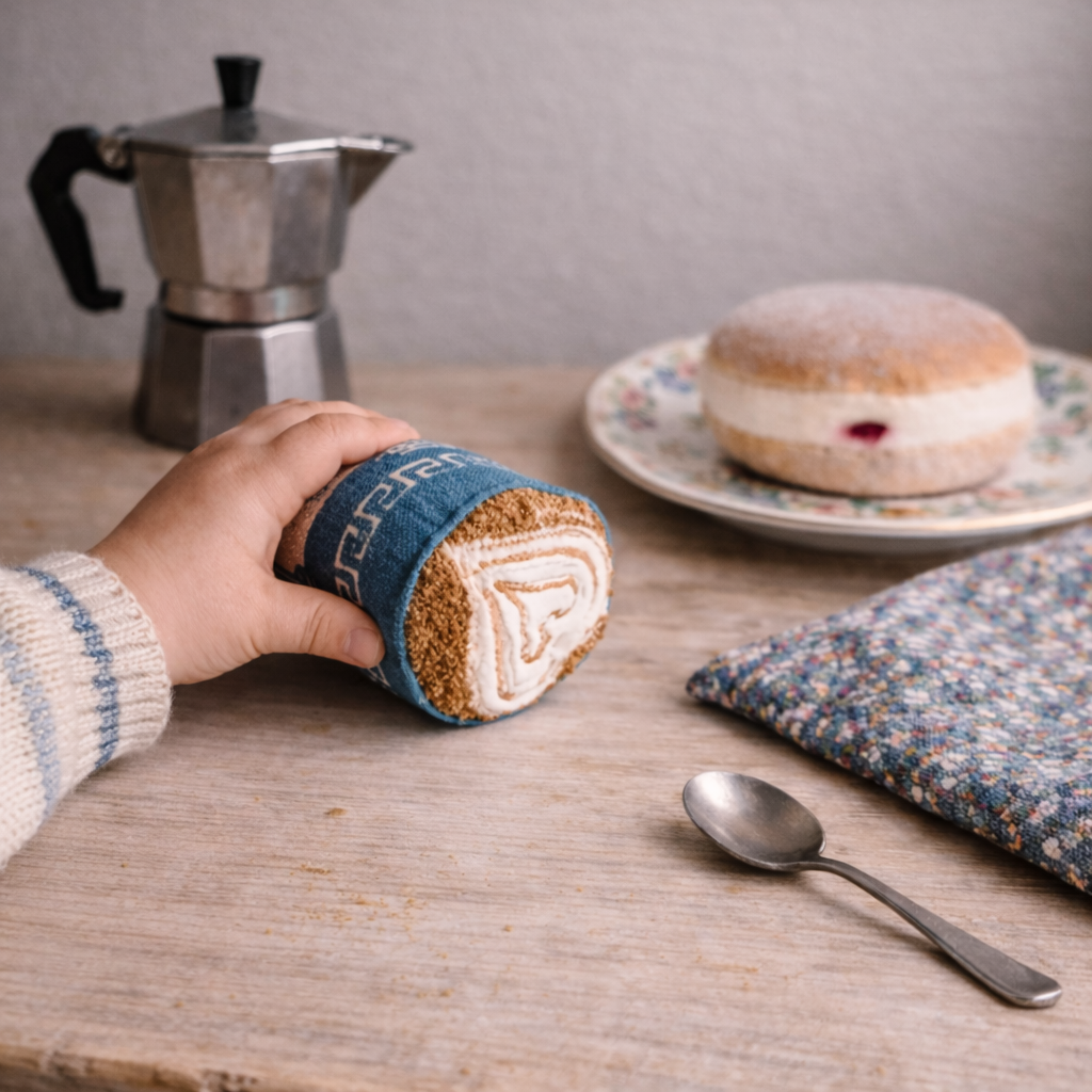 Hand holding a toy fabric coffee cup on a table with a coffee maker and donut in the background.