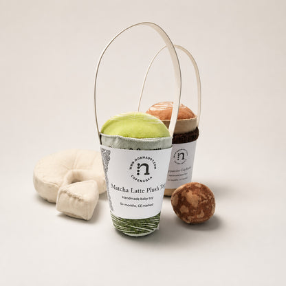 Handmade textile matcha latte plush toy with soft fabric cup, cookie and cheese play food pieces, hand-printed and sewn in Denmark for pretend café play.