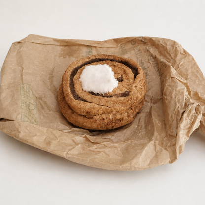 Handmade Danish kanelsnegl fabric play food with velour icing, displayed on recycled brown paper.