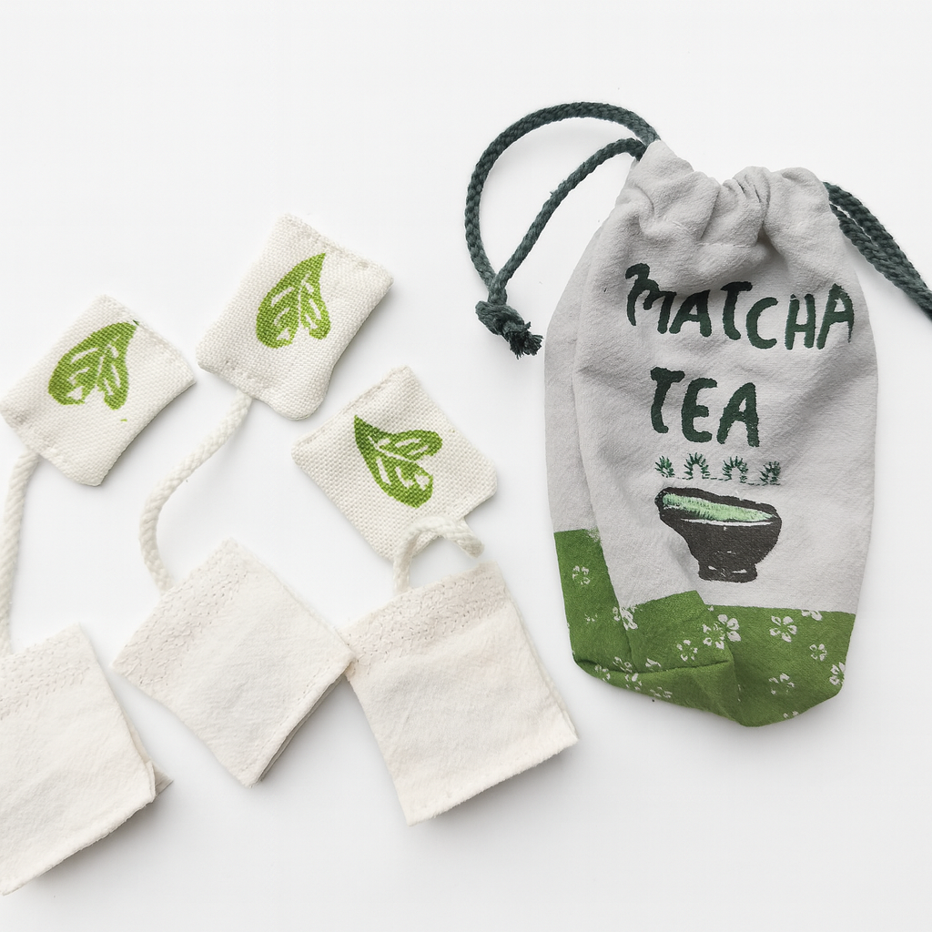 Handmade Matcha Tea Bag Pretend Play Set – 3 pcs with Cotton Storage Bag