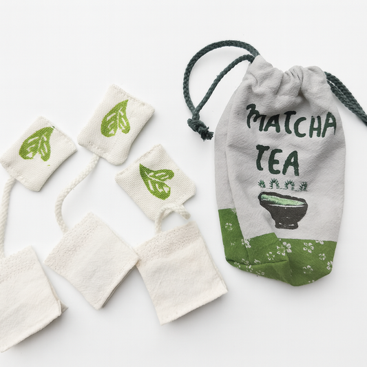 Handmade Matcha Tea Bag Pretend Play Set – 3 pcs with Cotton Storage Bag