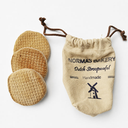 Handmade Dutch Stroopwafel play food set with three fabric stroopwafels and printed cotton bag