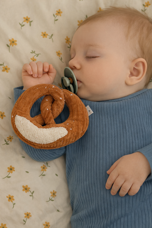 Handmade Upcycled Pretzel Baby Rattle – Embroidered Sensory Toy (0+ Months)