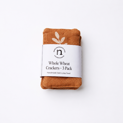Handmade fabric whole wheat crackers 3-pack for pretend play kitchens, made as soft textile play food with plant-based printed details.